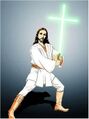 Jesus fazendo cosplay de Luke Skywalker e seu sabre de cruz.