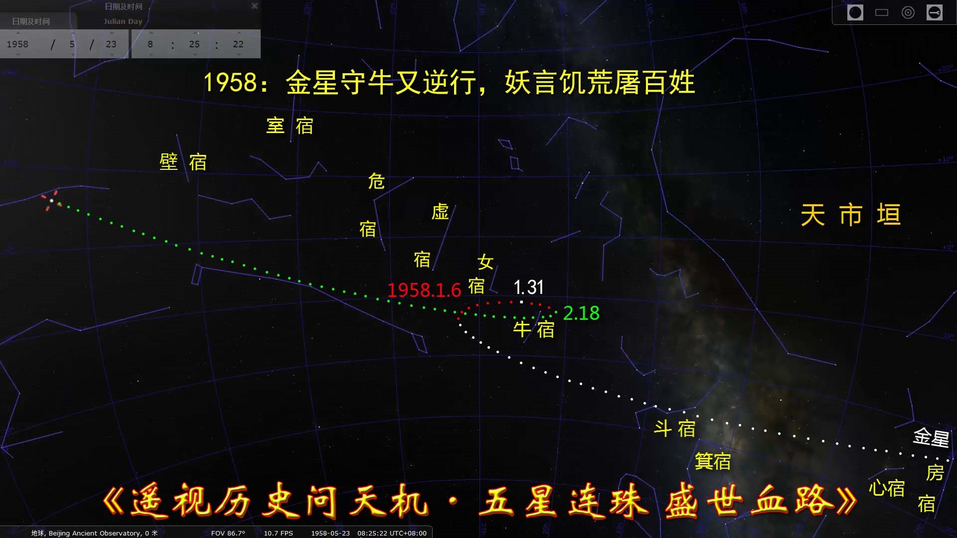 圖69-4：1958年金星逆行守牛宿天象（示金星逆行進入牛宿的時間）（古金提供）