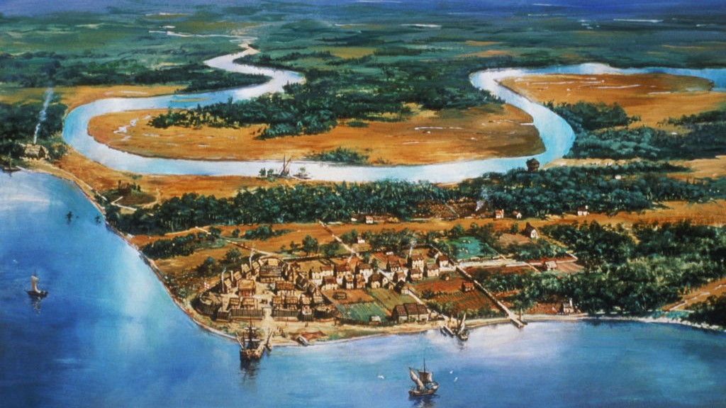 amestown Circa 1615, The village of Jamestown, situated in the James River, Virginia - the first permanent English settlement in America. A painting by National Park Service artist Sydney King. (Photo by MPI/Getty Images)