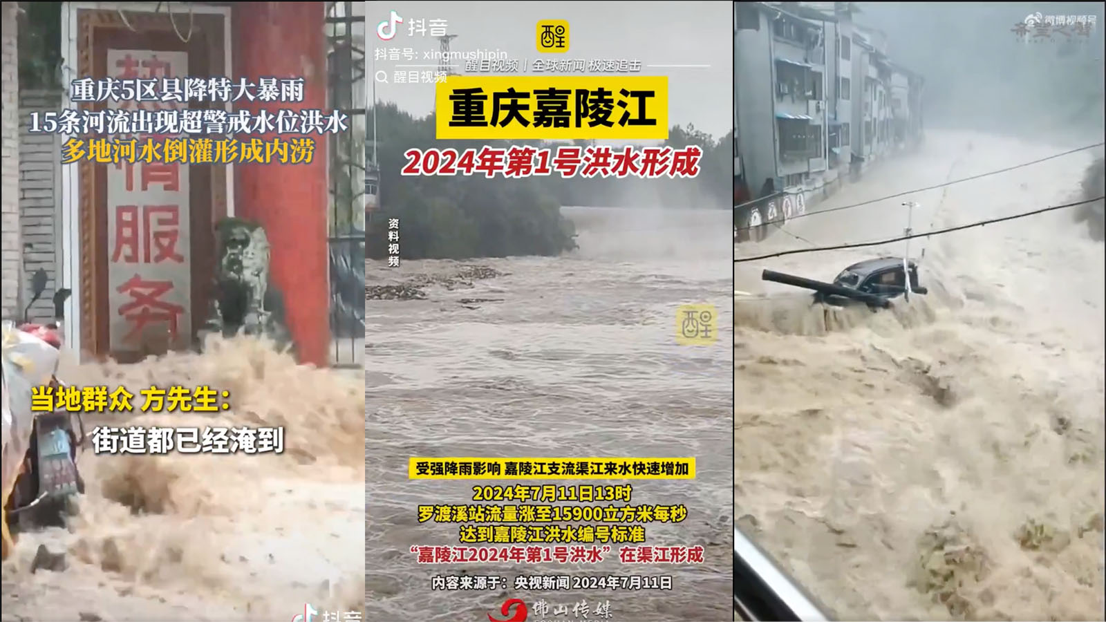 重庆暴雨致6人死亡 嘉陵江2024年第1号洪水形成（网络视频截图合成）