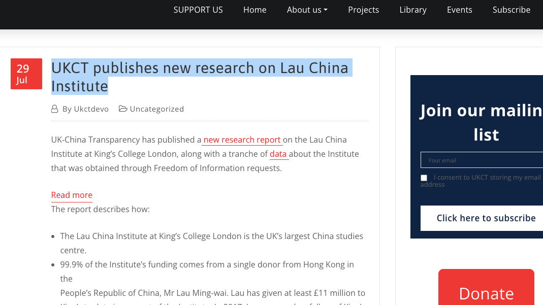 英國非營利組織英中透視周一（29日）公布了一份關於倫敦國王學院劉氏中國研究所的研究報告，披露該研究所跟中國關係密切，尤其是來自中國的資金用途值得關注。（圖片來源：UKCT官網截圖）