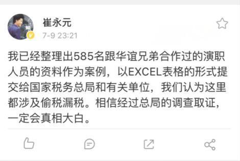 崔永元：我倒下后望你挺身而出已提交585人偷税名单