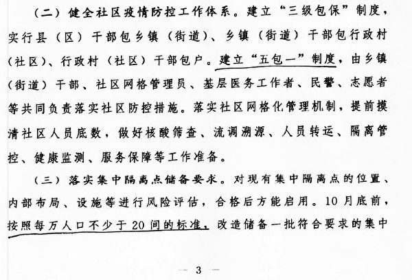 中共最新防疫文件对隔离点数量的标准，以应对突发疫情。