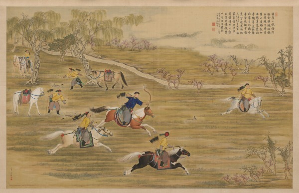 郎世宁《乾隆皇帝射猎图》描绘了乾隆帝于乾隆二十年（1755年）在南苑猎场捕射野兔的画面