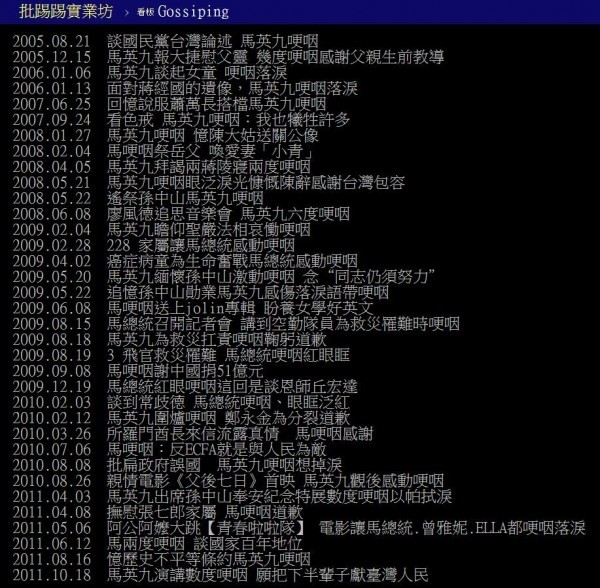 PTT网友曾整理出2005年到2015年关于马“哽咽”的新闻，多达53则。（图撷取自PTT）