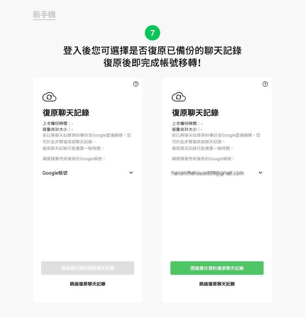 步骤七“登入后可选择是否复原‘已备份’的聊天记录，复原后即完成帐号移转。