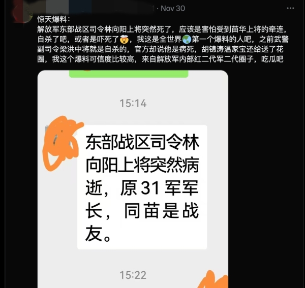 X平台传出林向阳突然死亡的消息。（X平台截图）