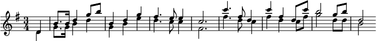  \relative c' { \clef treble \key g \major \time 3/4 \partial 4*1 << { d4 | b'8. b16 d4 g8 b | b,4 d g | fis4. e8 e4 | c2. | c'4. fis,8 d4 | c' fis, d8 c' | b2 g8 b | d,2 } \\ { d,4 | g8. g16 b4 d | g, b e | d4. c8 c4 | fis,2. | fis'4. d8 c4 | fis d c8 fis | g2 d8 d | b2 } >> } 