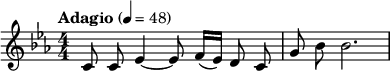  \relative c' { \key c \minor \numericTimeSignature \time 4/4 \tempo "Adagio" 4=48 \clef treble \autoBeamOff c8 c ees4~ ees8 \autoBeamOn f16( ees) \autoBeamOff d8 c | g' bes bes2. } 