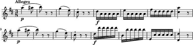 
\relative c'' {
 \clef "treble" 
 \key d \major
 \time 3/8
 \tempo "Allegro" 
   a'4\p (ais8 b) r8 r8
   g4 (e8) cis-!) r8 r8
   d16\f a a a a a
   e' a, a a a a 
   fis' d d d d d 
   <<cis4 a'>> r8
   a4\p (ais8 b) r8 r8
   g4 (e8) cis-!) r8 r8
   d16\f d'd d d d
   b, b' b b b b
   e,, cis' cis cis cis cis
   <<d,4 d'>> r8                 
}
