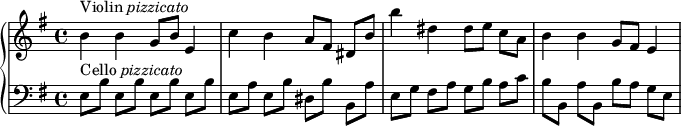  {\new PianoStaff {<<\new Staff \relative c'{\set Staff.midiInstrument=#"pizzicato strings" \time 4/4 \set Score.tempoHideNote = ##t \tempo 4=60 \autoBeamOff \clef treble \key e \minor ^\markup {Violin \italic pizzicato} |b'4 b4 g8[b8] e,4|c'4 b4 a8[fis8] dis8[b'8]|b'4 dis,4 dis8[e8] c8[a8]|b4 b4 g8[fis8] e4|}

\new Staff \relative c'{\set Staff.midiInstrument=#"pizzicato strings" \time 4/4 \autoBeamOff \clef bass \key e \minor ^\markup {Cello \italic pizzicato} |e,8[b'8] e,8[b'8] e,8[b'8] e,8[b'8]|e,8[a8] e8[b'8] dis,8[b'8] b,8[a'8]|e8[g8] fis8[a8] g8[b8] a8[c8]|b8[b,8] a'8[b,8]|b'8[a8] g8[e8]}>>}}