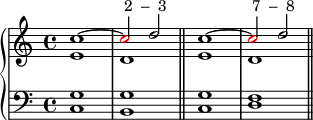 
   \new PianoStaff <<
      \new Staff <<
         \new Voice \relative c'' {
             \stemUp \clef treble \key c \major \time 4/4
             c1^~ \once \override NoteHead.color = #red c2^\markup { " 2  –  3" } d2
             c1^~ \once \override NoteHead.color = #red c2^\markup { " 7  –  8" } d2
             }
         \new Voice \relative c' {
             \stemDown
              e1 d
              e d
              }
            >>
     \new Staff <<
         \new Voice \relative c {
             \clef bass \key c \major \time 4/4
             <c g'>1 <b g'> \bar "||"
             <c g'> <d f> \bar "||"
             }
         >>
    >>

