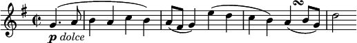 
\relative g' {
  \key g \major \time 2/2
  \partial 2 g4.( _\markup{ \musicglyph #"p" \italic "dolce" } a8
  b4 a c b)
  a8( fis g4) e'( d
  c4 b) a( -\tweak X-offset #2.8 \turn b8 g)
  d'2
} 