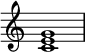 
{
\override Score.TimeSignature #'stencil = ##f
\relative c' { 
  \clef treble 
  \time 4/4
  <c e g>1
} }
