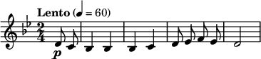  \relative c' { \key bes \major \time 2/4 \tempo "Lento" 4=60 \clef treble \autoBeamOff \partial 8*2 d8\p c | bes4 bes | bes c | d8 ees f ees | d2 } 