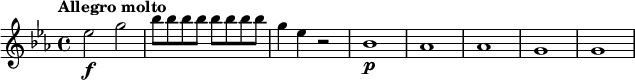 
\relative c'' {
  \key es \major
  \tempo "Allegro molto"
  es2\f g |
  \repeat unfold 8 { bes8 } |
  g4 es r2 |
  bes1\p | as | as | g | g |
}
