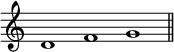 
\relative c' {
\cadenzaOn \omit Staff.TimeSignature
\tempo 1 = 90 \set Score.tempoHideNote = ##t
d1 f g \bar "||"
}
