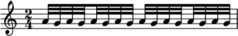  {
    \relative c'' {
        \time 2/4
        a32[ g a \set stemRightBeamCount = #1 g \set stemLeftBeamCount = #1 a g a g]
        a32[ g a \set stemRightBeamCount = #1 g \set stemLeftBeamCount = #1 a g a g]
    }
}
