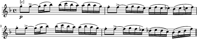 \relative c'''{\set Score.tempoHideNote = ##t \tempo 4 = 152 \key f \major \time 4/4 g8-.\p^"[c]" g8->~g16( a bes8) bes16( c bes a) a( bes a g) f8-. f->~f16( g f e) e( f e ees) d( ees e f) \break g8-. g->~g16( a bes8) bes16( c bes a) a( bes a g) f8-. f->~f16( g f ees) des( ees des c) bes( c des f) \bar "||"}\layout{\context{\Score
\override NonMusicalPaperColumn.line-break-permission = ##f
\override NonMusicalPaperColumn.page-break-permission = ##f}}