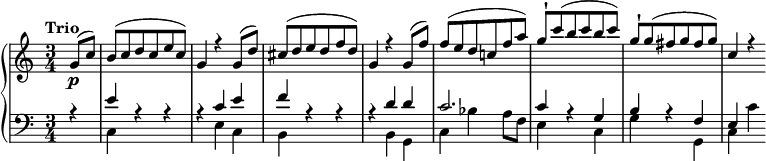 
{
\new PianoStaff << 
  \new Staff << 
    \new Voice \relative c'' {\set Staff.midiInstrument = oboe \tempo "Trio" \tempo 4 = 120 \voiceOne \clef treble \key c \major \time 3/4 \partial 4
g8\p (c)
b (c d c e c)
g4 r4 g8 (d')
cis (d e d f d)
g,4 r4 g8 (f')
f (e d c! f a)
g-! c (b c b c)
g-! g (fis g fis g)
c,4 r4
}
    \new Voice \relative c' { 
 }  
  >>
  \new Staff <<
    \new Voice \relative c' {\set Staff.midiInstrument = bassoon \clef bass \key c \major \time 3/4 \voiceOne
r
e r r
r c e
f r r
r d d
c2.
c4 r g
b r
f e
 }
    \new Voice \relative c { \voiceTwo \set Staff.midiInstrument = bassoon 
s
c s s
s e c
b s s
s b g
c bes' a8 f
e4 s c
g' s g,
c c'
 } 
   >> >> }
