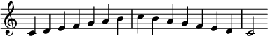 
{
\override Score.TimeSignature #'stencil = ##f
\relative c'
 {
  \clef treble \key c \major \time 7/4 c4 d e f g a b c b a g f e d c2
 }
}
