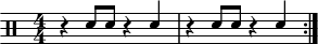 \version "2.22.0"
\header { tagline = ##f}
\score {
  \drums \with {midiInstrument = "drums"}
  \with { \numericTimeSignature }
  {
    \repeat volta 2 {\stemUp
      r4 sne8 sne8 r4 sne r4 sne8 sne8 r4 sne \break
    }
  }
  \layout {}
}

\score {
  \unfoldRepeats {
    \drums \with {midiInstrument = "drums"}{
      \repeat volta 2 {
        r4 sne8 sne8 r4 sne r4 sne8 sne8 r4 sne
      }
    }
  }
  \midi { \tempo  4 = 100 }
}