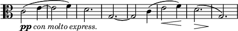 
\relative c' \new Staff \with { \remove "Time_signature_engraver" } {
\key c \major \time 3/4 \clef C
c2 _\markup {\dynamic pp \italic { con molto express. } }( e4~ e2 f4) d2. g,2.~ g2 c4( e2\< f4\!) d2.\>( g,2.\!)
}
