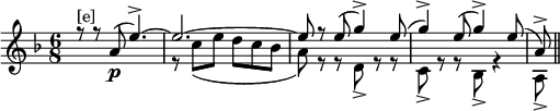 \relative c''{\set Score.tempoHideNote = ##t \tempo 2. = 100 \key f \major \time 6/8 <<{r8^"[e]" r a(\p e'4.->)~ e2.~e8 r e( g4->) e8( g4->) e8( g4->) e8( a,->)}\\{\hideNotes r2. \unHideNotes r8 c (e d c bes a) r r d,-> r r c-> r r bes-> r4 a8->}>> \bar "||"}