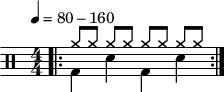 
\version "2.22.0"
\header { tagline = ##f}
\score {
  \drums \with {midiInstrument = "drums"}
  \with { \numericTimeSignature }
  {
    \repeat volta 2 {
      <<
        \tempo 4 = 80-160
        \bar ".|:"
        {
          cymra8 [cymra] cymra [cymra]  cymra [cymra] cymra [cymra]
        }\\{bd4 sne bd sne}
      >>\break
    }
  }
  \layout {}
}
\score {
  \unfoldRepeats {
    \drums \with {midiInstrument = "drums"}{
      \repeat volta 2 {

        <<
          \tempo 4 = 80-160
          \bar ".|:"
          {
            cymra8 [cymra] cymra [cymra]  cymra [cymra] cymra [cymra]
          }\\{bd4 sne bd sne}
        >>\break
      }
    }
  }
  \midi { \tempo  4 = 90 }
}
