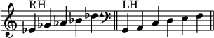  {
\override Score.TimeSignature #'stencil = ##f
    \relative c' {
    \set Score.tempoHideNote = ##t \tempo 4 = 120
    \clef treble
    \time 5/4
    es^\markup {RH} ges aes bes des \bar "||"
    \clef bass
    \time 6/4 \hide Staff.TimeSignature
    g,,,^\markup {LH} a c d e f \bar "||"
    }
}
