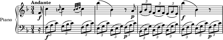 
\version "2.14.2"
\header {
  tagline = ##f
}

upper= \relative c' {
  \clef treble 
  \key f \major
  \time 3/4
   \tempo "Andante"
  \tempo 4 = 85
  \set Staff.midiInstrument = #"piano"

   \partial 16 f16 \f c'4 \grace b16( c4) \grace { b32( c d }  c4)
   bes'4( bes,) r8 a\p
   \tuplet 3/2 {g8[ (bes g)]} \tuplet 3/2 {f[ (a f)]} \tuplet 3/2 { e[ (g e)]}
   bes''4\f (bes,) r8 s8
}

lower=\relative c {
  \clef bass
  \key f \major
  \time 3/4
  \set Staff.midiInstrument = #"piano"
   
   \partial 16 r16
   \tuplet 3/2 {f8\f (a c)}  \tuplet 3/2 { g (bes c)} \tuplet 3/2 { f, (a c)}
   \tuplet 3/2 {e, (g c)}  \tuplet 3/2 { c, (e g)} \tuplet 3/2 { f\p (a c)}
   \tuplet 3/2 {bes, (d g)}  \tuplet 3/2 { c, (f a)} \tuplet 3/2 { c, (g' bes)}
   \tuplet 3/2 {d, (f bes)}  \tuplet 3/2 { e, (g c)} \tuplet 3/2 { f,\p (a c)}
}

\score {
       \new PianoStaff \with { instrumentName = #"Piano" }
       <<
         \new Staff = "upper" \upper
         \new Staff = "lower" \lower
       >>
\layout { }
\midi { } }
