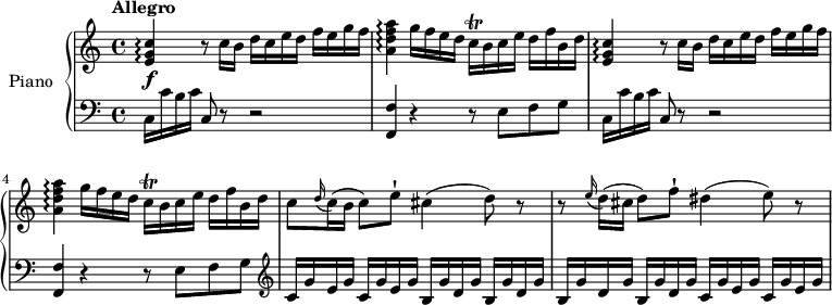 
\version "2.18.2"
\header {
  tagline = ##f
}
upper= \relative c' {
  \clef treble 
  \key c \major
  \time 4/4 
  \tempo "Allegro"
  \tempo 4 = 110
  \set Staff.midiInstrument = #"piano"
  <e g c>4\arpeggio\f r8  c'16 [b] d [c e d] f [e g f]
  <a, d f a>4\arpeggio  g'16 [f e d] c\trill [b c e] d [f b, d]
  <e, g c>4\arpeggio r8  c'16 [b] d [c e d] f [e g f]
  <a, d f a>4\arpeggio  g'16 [f e d] c\trill [b c e] d [f b, d]
  c8 \grace d16 (c16) (b c8) e-! cis4 (d8) r8
  r8  \grace e16 (d16) (cis d8) f-! dis4 (e8) r8
}
lower=\relative c {
  \clef bass
  \key c \major
  \time 4/4
  \tempo 4 = 110
  \set Staff.midiInstrument = #"piano"
   c16 c' b c c,8 r8 r2
   <f, f'>4 r4 r8 e' f g
   c,16 c' b c c,8 r8 r2
   <f, f'>4 r4 r8 e' f g
   \clef treble c16 [g' e g] c, [g' e g] b, [g' d g] b, [g' d g]
   b, [g' d g] b, [g' d g] c, [g' e g] c, [g' e g]
} 
\score {
       \new PianoStaff \with { instrumentName = #"Piano" }
       <<
         \new Staff = "upper" \upper
         \new Staff = "lower" \lower
       >>
\layout { }
\midi { } }

