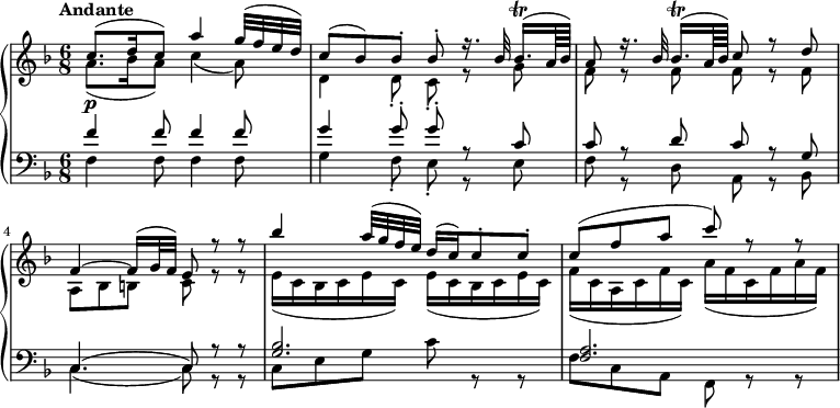 
{
\new PianoStaff << 
  \new Staff << 
    \new Voice \relative c'' {\set Staff.midiInstrument = violin \tempo "Andante" \tempo 4 = 50 \voiceOne \clef treble \key f \major \time 6/8
c8.\p  (d16  c8)  a'4 g32 (f e d)
c8 (bes) bes-. bes-. r16. bes32 bes16.\trill [(a64 bes)]
a8 r16. bes32 bes16.\trill [(a64 bes)] c8 r8 d
f,4~ f16 (g32 f) e8 r8 r8
bes''4 a32 (g f e) d16 (c) c8-. c-.
c (f a c) r8 r8
}
    \new Voice \relative c'' { \voiceTwo \set Staff.midiInstrument = violin
a8.  (bes16  a8)  c4 (a8)
d,4 d8-. c8-. r g'
f r f f r f
a, bes b c r r
e16 (c bes c e c) e (c bes c e c)
f (c a c f c) a' (f c f a f)
 }  
  >>
  \new Staff <<
    \new Voice \relative c' {\set Staff.midiInstrument = cello \clef bass \key f \major \time 6/8 \voiceOne
f4 f8 f4 f8
g4 g8-. g-. r c,8
c r d c r g
c,4. (c8) r r
<g' bes>2.
<f a>2.
 }
    \new Voice \relative c { \voiceTwo \set Staff.midiInstrument = accordion
f4 f8 f4 f8
g4 f8-. e-. r e8
f r d a r bes
c4. (c8) r r
c e g c r r
f, c a f r r
 } 
   >> >> }
