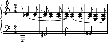  { \new PianoStaff << \new Staff \relative c' { \clef treble \time 2/4 r8 <d bes>4( <d bes>8~ | <d bes> <d a>4 <d a>8~ | <d a>) <c a>4( <c a>8~ | <c a> <b e,>4 <b e,>8) } \new Staff \relative c { \clef bass \time 2/4 g,2( | fis' | e' | gis, } >> } 