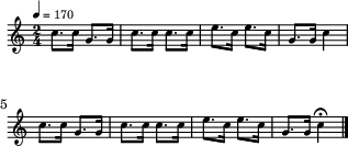 
\header { tagline = ##f }
\score {
  \new Staff \with{ \magnifyStaff #2/3 }{
    \transposition g   % ← G管のビューグルを想定
    \override Score.MetronomeMark.font-size = #-3
    \tempo 4 = 170   % ← 楽譜とmidiの演奏テンポ
    \time 2/4 
    %\set Staff.midiInstrument = #"trumpet"
    \override Score.SpacingSpanner #'common-shortest-duration = #(ly:make-moment 1 4)
    \new Voice {
      \relative c'' {c8. c16 g8. g16 c8. c16 c8. c16 e8. c16 e8. c16 g8. g16 c4 
                     c8. c16 g8. g16 c8. c16 c8. c16 e8. c16 e8. c16 g8. g16 
                     \once \omit Score.MetronomeMark \tempo 4 = 85 c4\fermata\bar "|."
      }
    }
  }
  \layout {indent = 0\mm line-width = 78\mm}
  \midi {}
}