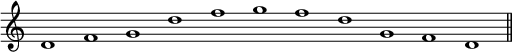 
\relative c' {
\cadenzaOn \omit Staff.TimeSignature
\tempo 1 = 90 \set Score.tempoHideNote = ##t
d1 f g d' f g f d g, f d \bar "||"
}
