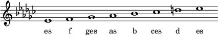 
\relative f'{
\key es \minor
\override Staff.TimeSignature #'stencil = ##f
\cadenzaOn es1 f ges as b ces d es \cadenzaOff
}
\addlyrics { \small {
es f ges as b ces d es
} }
