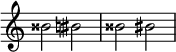  { \omit Score.TimeSignature \relative c'' { 
  bisis2 bis \accidentalStyle modern bisis2 bis } }
