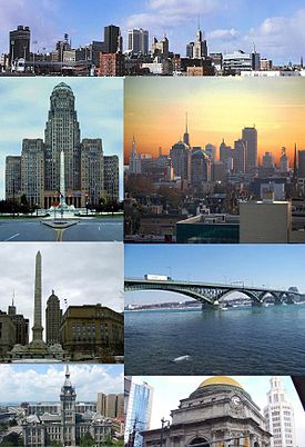 Clockwise: Buffalo skyline frae I-190 North enterin dountoun, Buffalo skyline at dusk, Peace Brig, Buffalo Savings Bank, Erie Coonty haw, Niagara Squerr, an the Art Deco Buffalo Ceety Haw