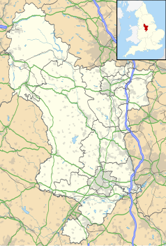 Mapa konturowa Derbyshire, blisko centrum na lewo znajduje się punkt z opisem „Fenny Bentley”