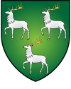 A shield displaying a coat of arms. A green background with three white stags (two above one) facing left, with their front right feet raised