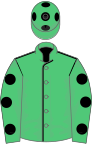 Emerald green, black seams, emerald green sleeves, black spots and spots on cap