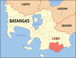 Mapa ng Batangas na nagpapakita sa lokasyon ng Lobo.