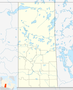 Mapa konturowa Saskatchewanu, blisko centrum na dole znajduje się punkt z opisem „Humboldt”