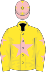 Yellow, pink star, pink stars on sleeves, pink cap, yellow stars