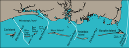 Map of the Mississippi–Alabama barrier islands and the coastlines of Mississippi and Alabama