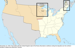 Map of the change to the United States in central North America on November 10, 1842