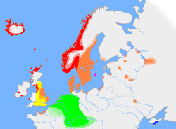 Die uitbreiding van Oud-Noors en verwante tale omstreeks 900 n.C. Die Wes-Nordiese of Oud-Noorse taalgebied word in rooi getoon, Oos-Nordies in oranje, Oud-Goties in ligroos en ander Germaanse tale in groen.