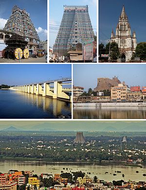 Ikut jam dari atas: Kuil Jambukeswarar, Kuil Thiruvanaikaval, Kuil Sri Ranganathaswamy Temple, Kuil Sri Ranganathaswamy, Our Lady of Lourdes Church, Tiruchirapalli, Rockfort, Sungai Kaveri memisahkan Tiruchirappalli dari Pulau Srirangam, Anaicut Atas.