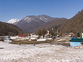 Blick auf Esto-Sadok von der Piste der Snowboard-Wettbewerbe bei den Olympischen Winterspielen 2014 beim Sportzentrum Alpika-Service